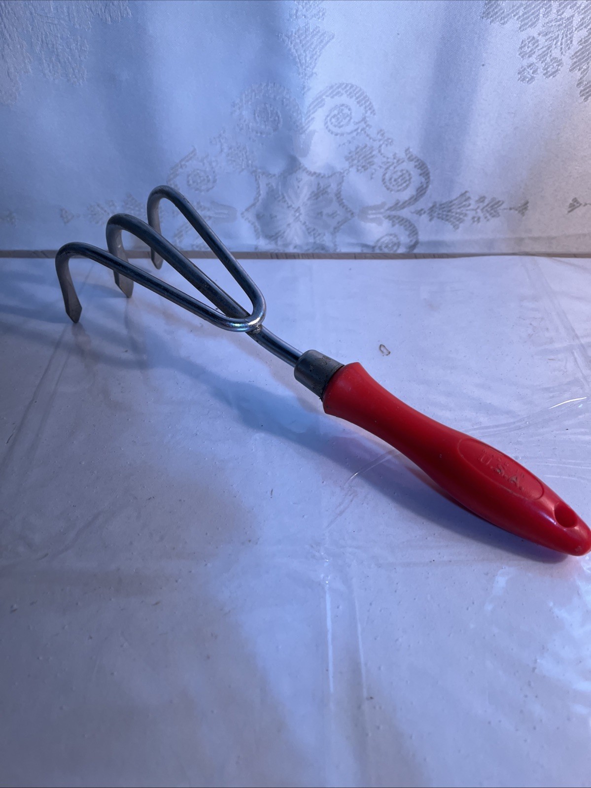 Garden Hand Tool Cultivator Plastic Red Handle. 11”