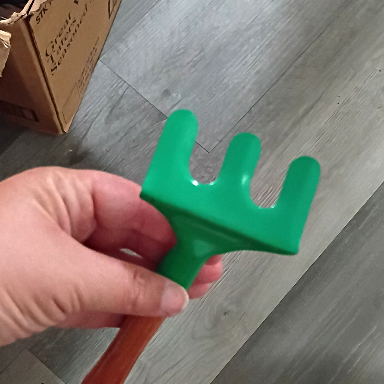 Green 3-Tine Garden Hand Cultivator, Metal Head Wood Handle, Brown Grip