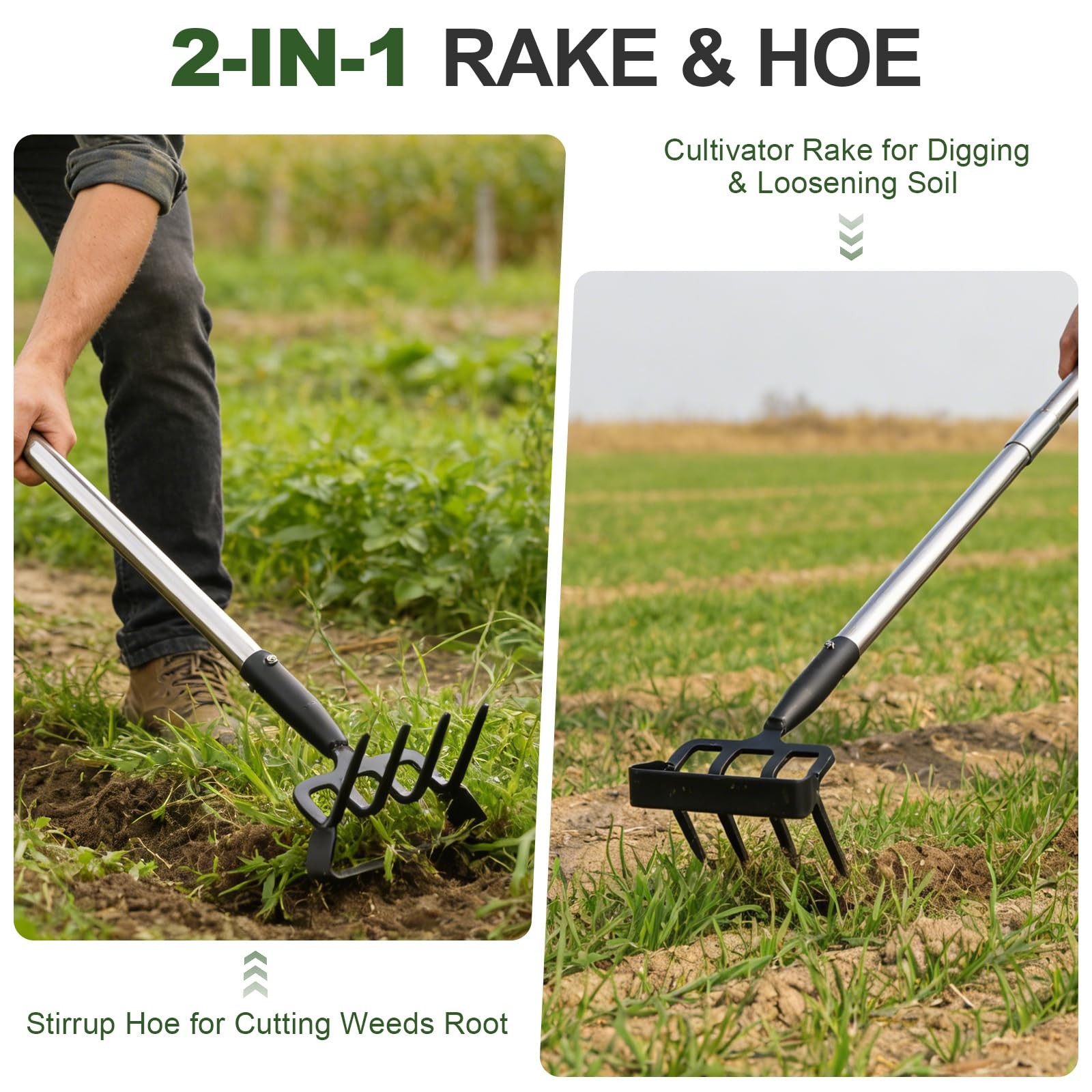 Hoe Garden Tool for Weeding 2-in-1 Heavy Duty Metal Stirrup Hoe 4 Tines Prong