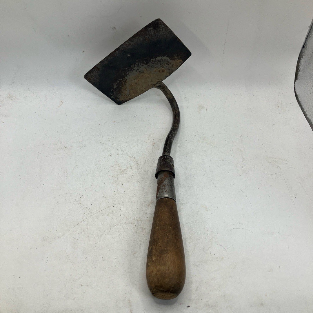 Garden Tool Hand Hoe Brown Handcrafted Wooden Handle Metal Blade Curved Retro