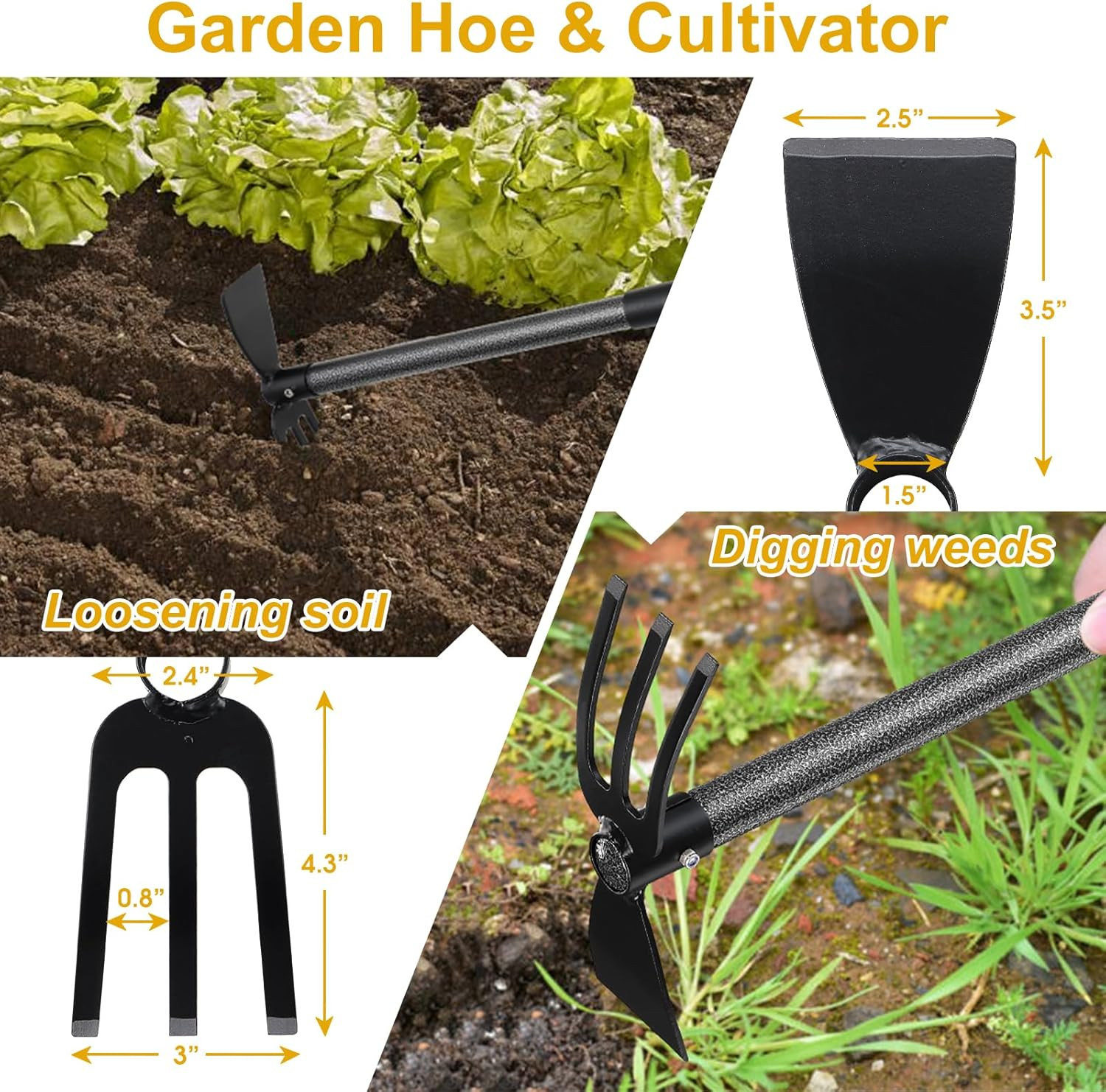 Hoe and Cultivator – 45” Long Handle – Heavy Duty Garden Hoe Tiller, Standing H