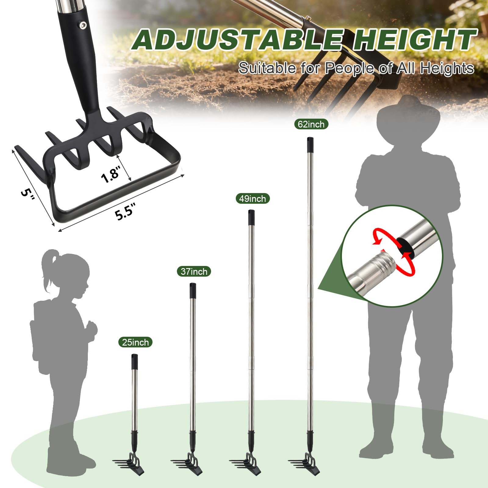 Hoe Garden Tool for Weeding 2-in-1 Heavy Duty Metal Stirrup Hoe 4 Tines Prong