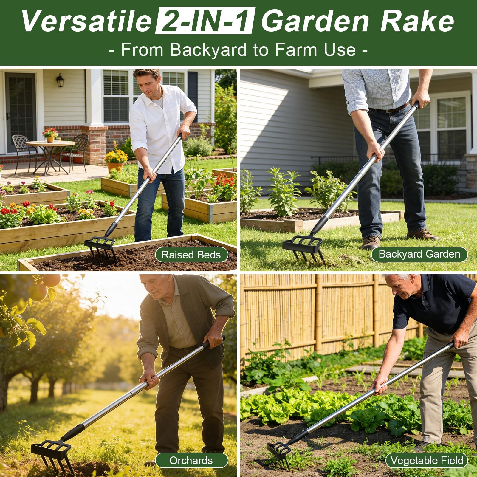 Hoe Garden Tool for Weeding 2-in-1 Heavy Duty Metal Stirrup Hoe 4 Tines Prong