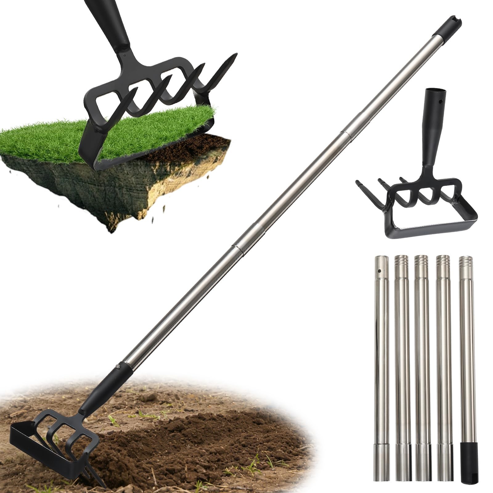 Hoe Garden Tool for Weeding 2-in-1 Heavy Duty Metal Stirrup Hoe 4 Tines Prong