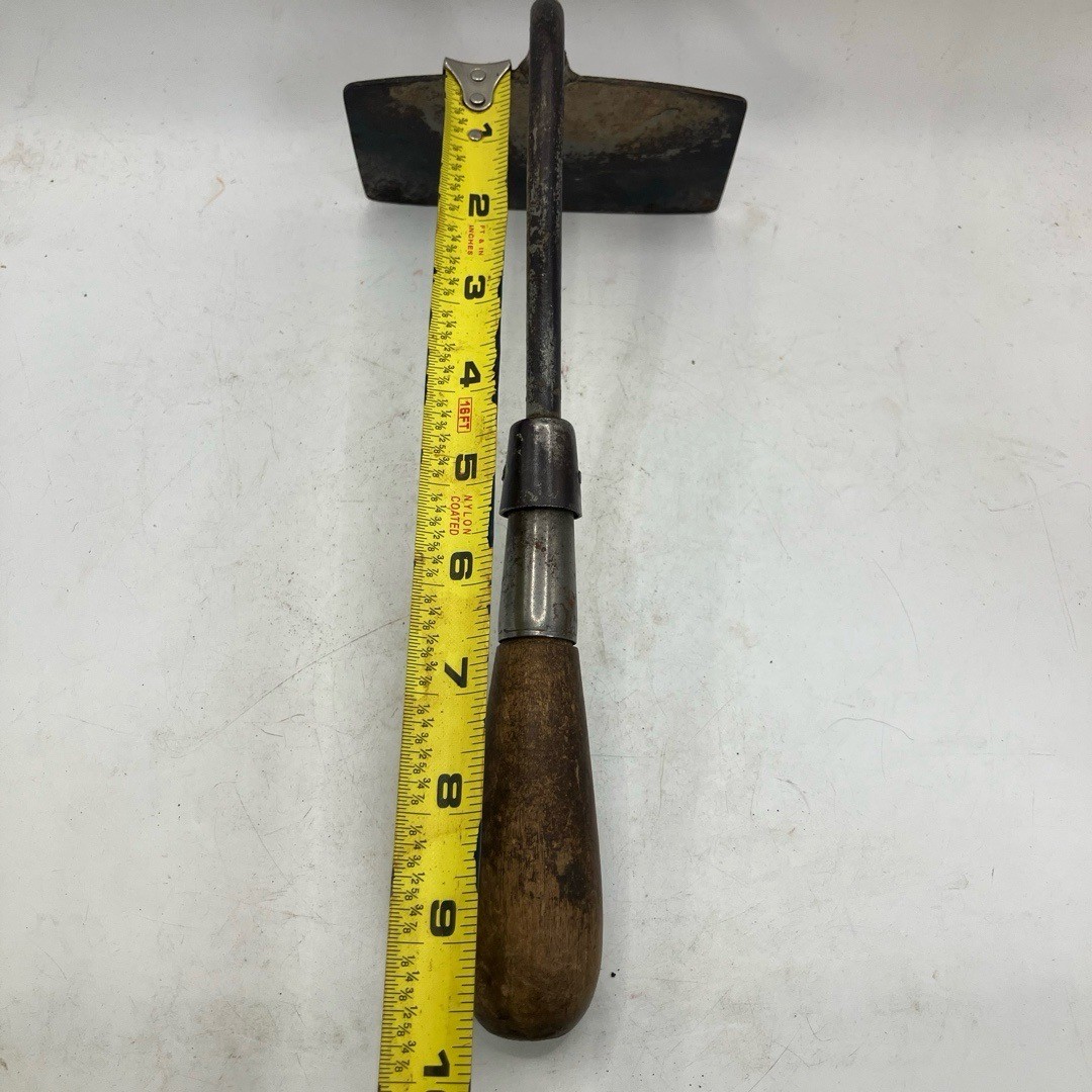 Garden Tool Hand Hoe Brown Handcrafted Wooden Handle Metal Blade Curved Retro